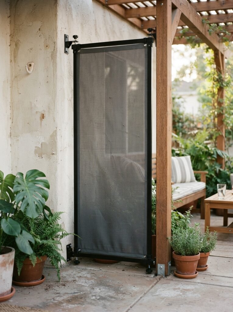 Renter-friendly patio privacy screen idea with tension-mounted panel