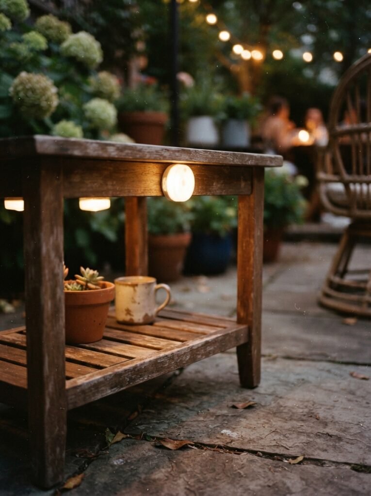 Cozy patio idea for renters with battery puck accent lighting