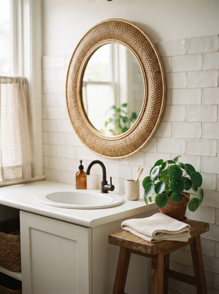 Boho bathroom decor idea with woven rattan mirror frame