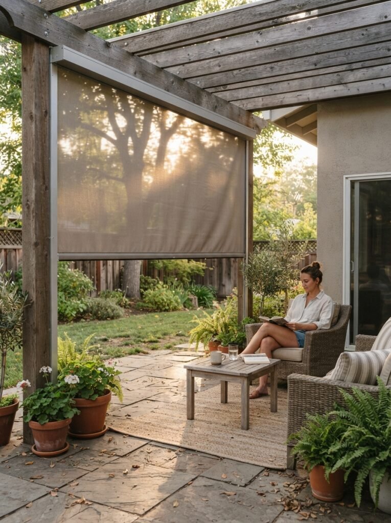 Retractable no-drill patio privacy screen idea