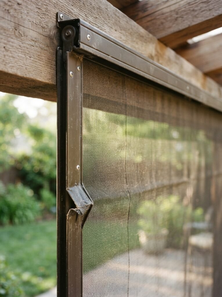 Retractable screen on covered patio attached to house