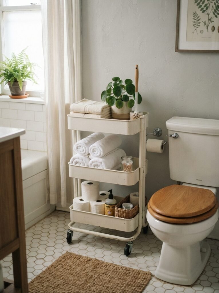 Small bathroom storage idea for renters with rolling utility cart