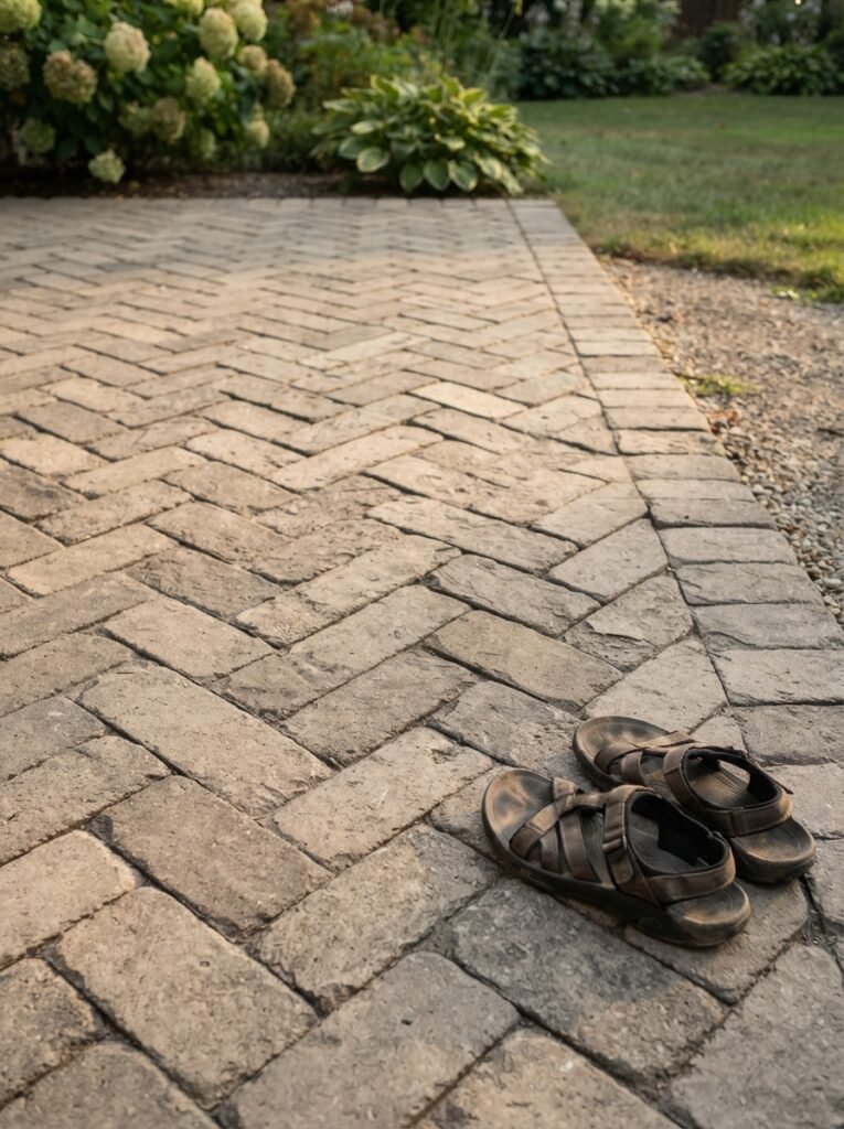  Paver patio idea with herringbone layout and steel edging detail