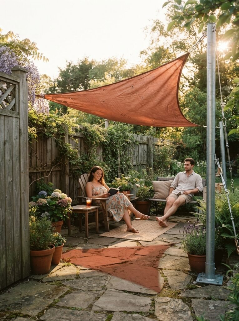 Cozy patio idea for renters with clip-on no-drill shade sail