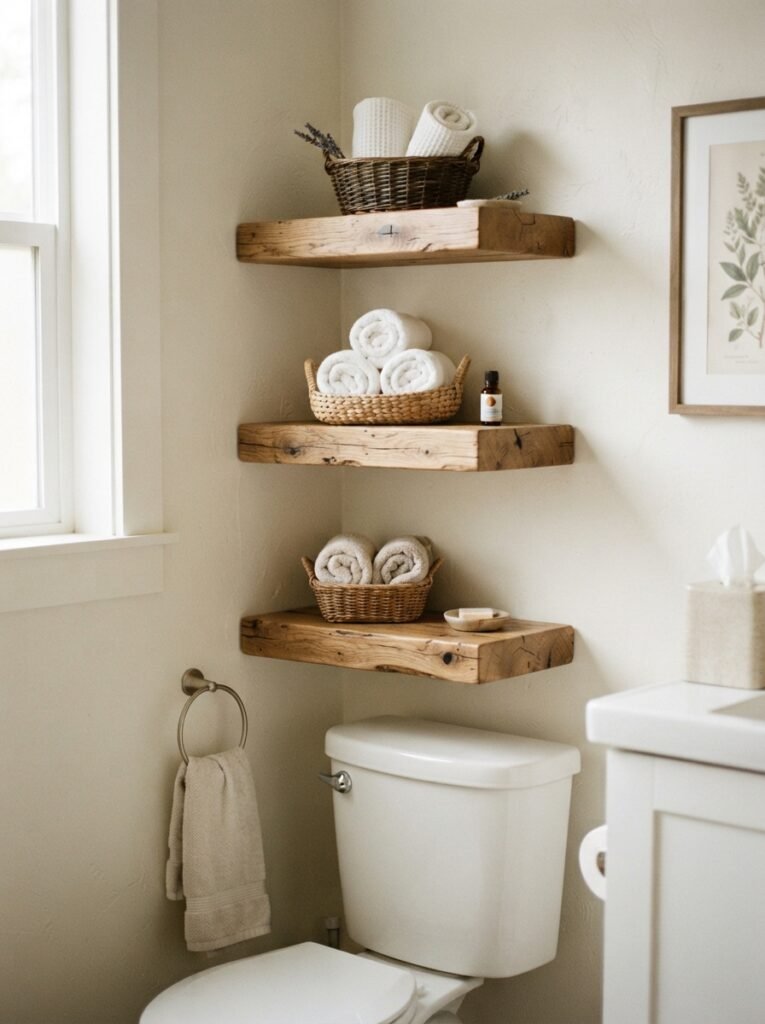 Small bathroom storage idea with floating corner shelves above toilet