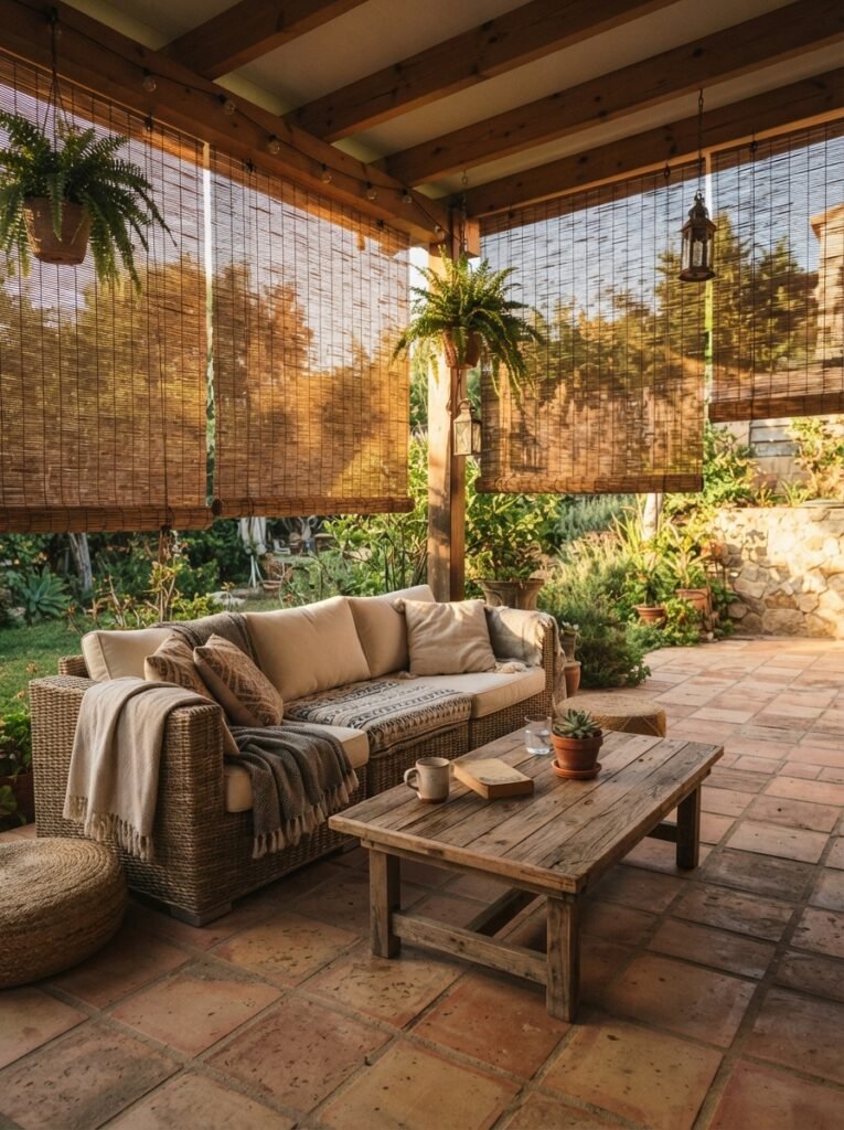  Simple enclosed patio idea with roll-down bamboo shades