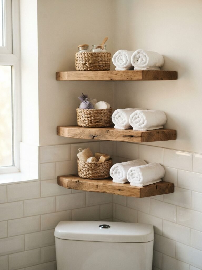 small bathroom storage ideas with over-toilet bamboo shelf and rolled towels