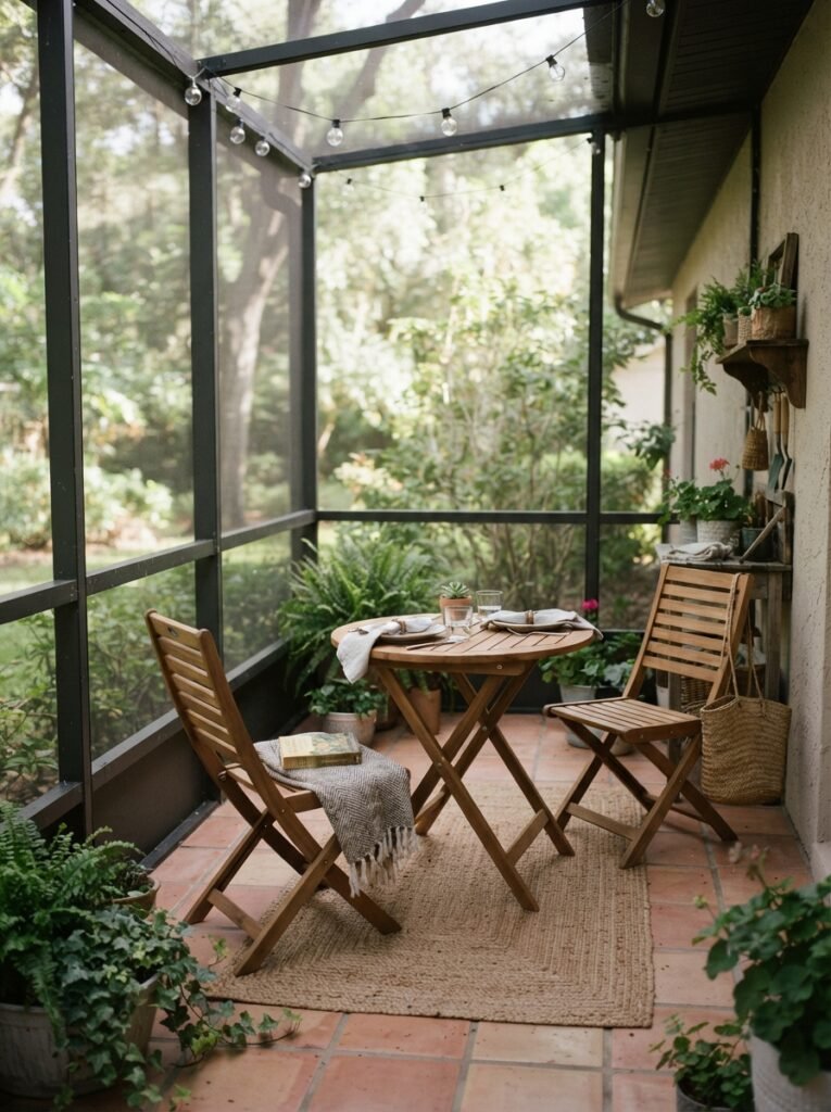 Small budget enclosed patio idea with fold-flat furniture