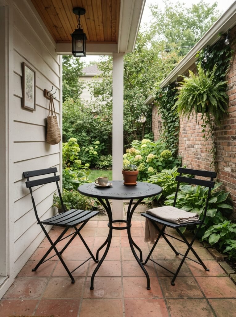 Small covered patio ideas with round bistro table for tight spaces