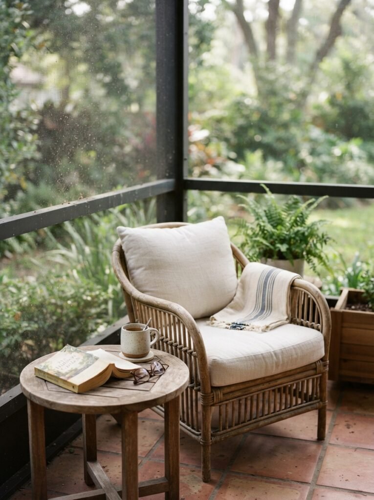 Small enclosed patio idea with compact screened reading nook