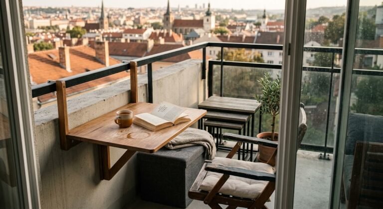 Small patio furniture idea for apartments with fold-flat chair and wall-mounted table