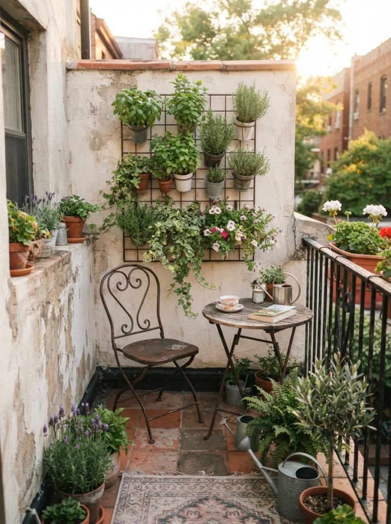 Small patio idea with vertical wall garden and modular planter grid