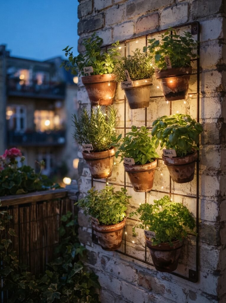 Small-space cozy patio decor idea with vertical herb wall and fairy lights