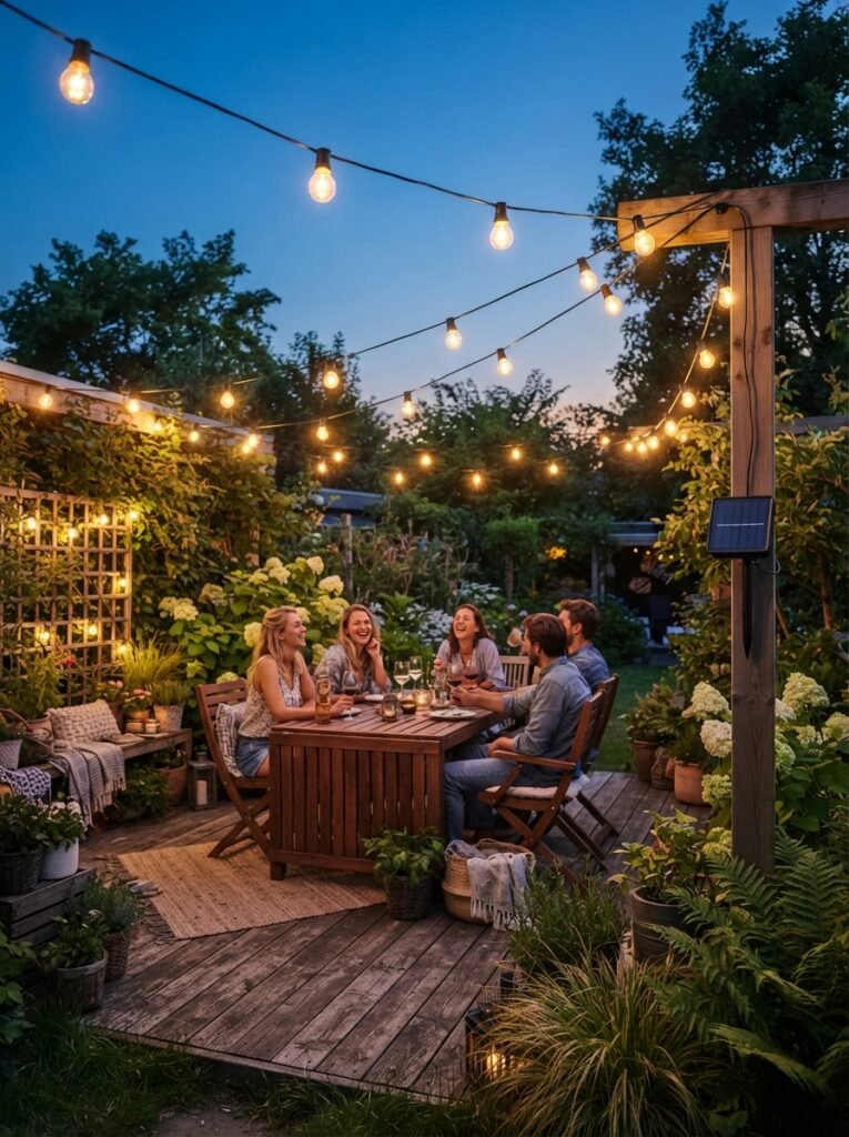Patio string light idea with solar-powered layout
