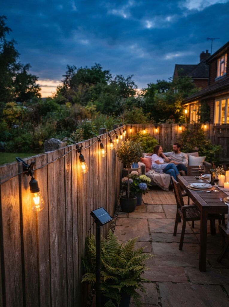 Cozy patio idea for renters with clip-mount solar string lights