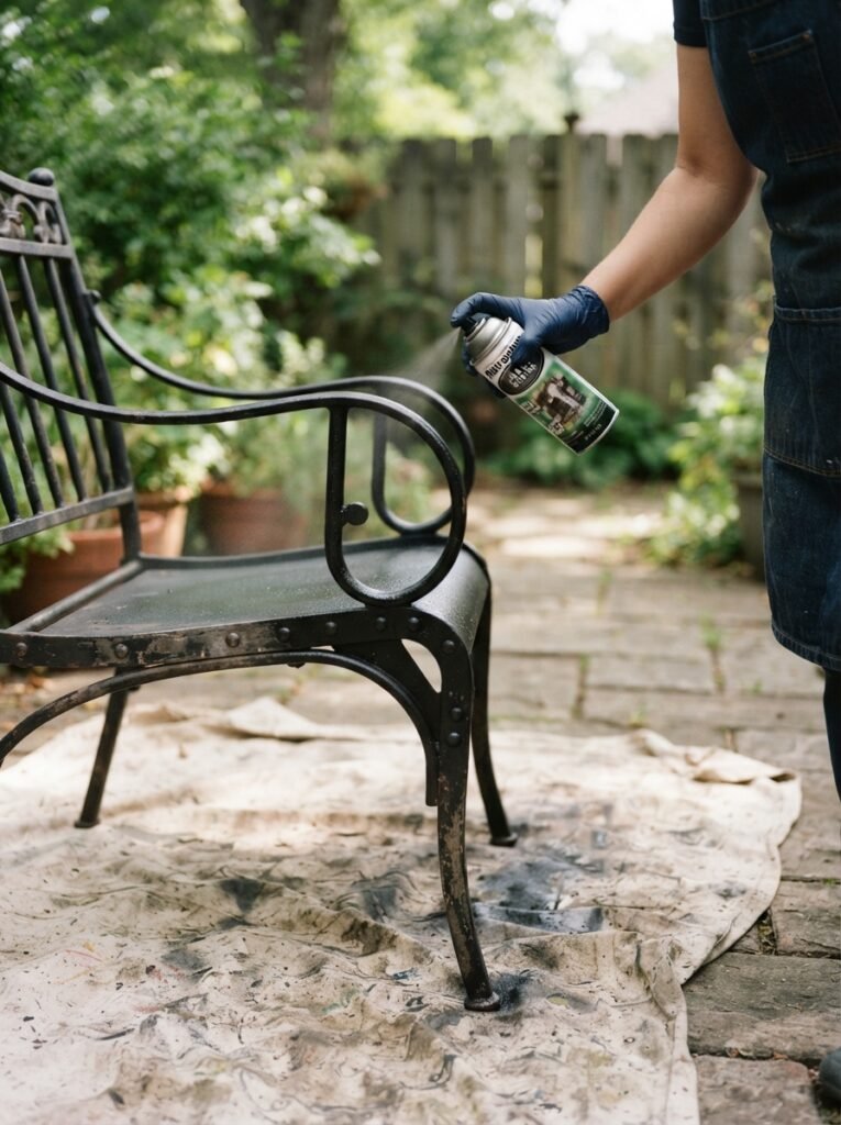 Budget patio makeover step with spray-painted furniture refresh