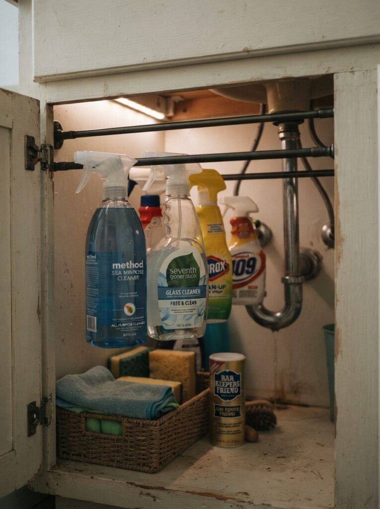 Small bathroom storage idea for renters with tension rod under-sink shelf