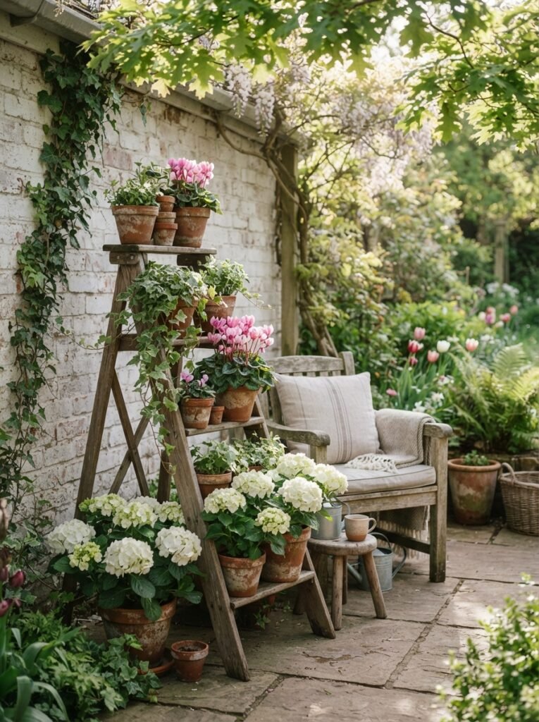  Multi-tiered DIY wooden ladder planter stand with flowering spring pots on a patio.