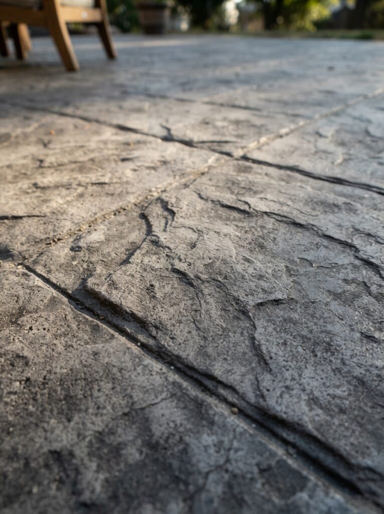 Stamped concrete patio idea with flagstone-look texture and charcoal tone
