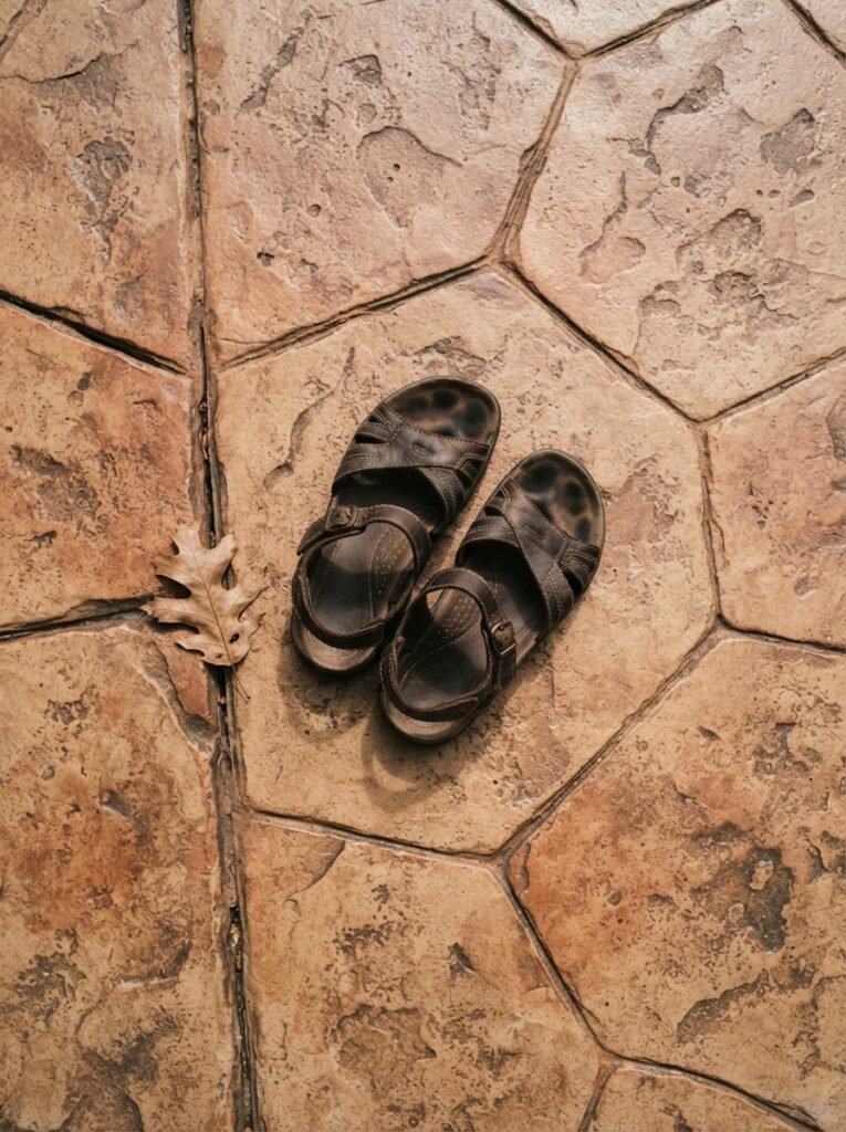 Stamped concrete floor for covered patio attached to house