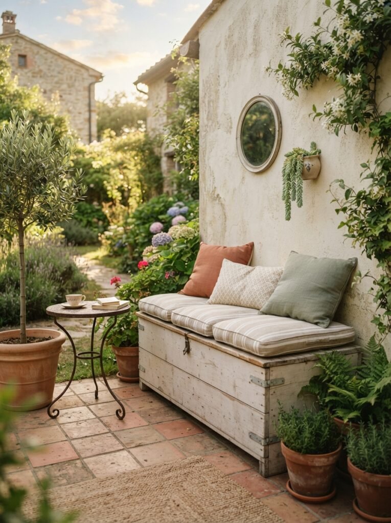 Small patio furniture idea for apartments with storage bench seating