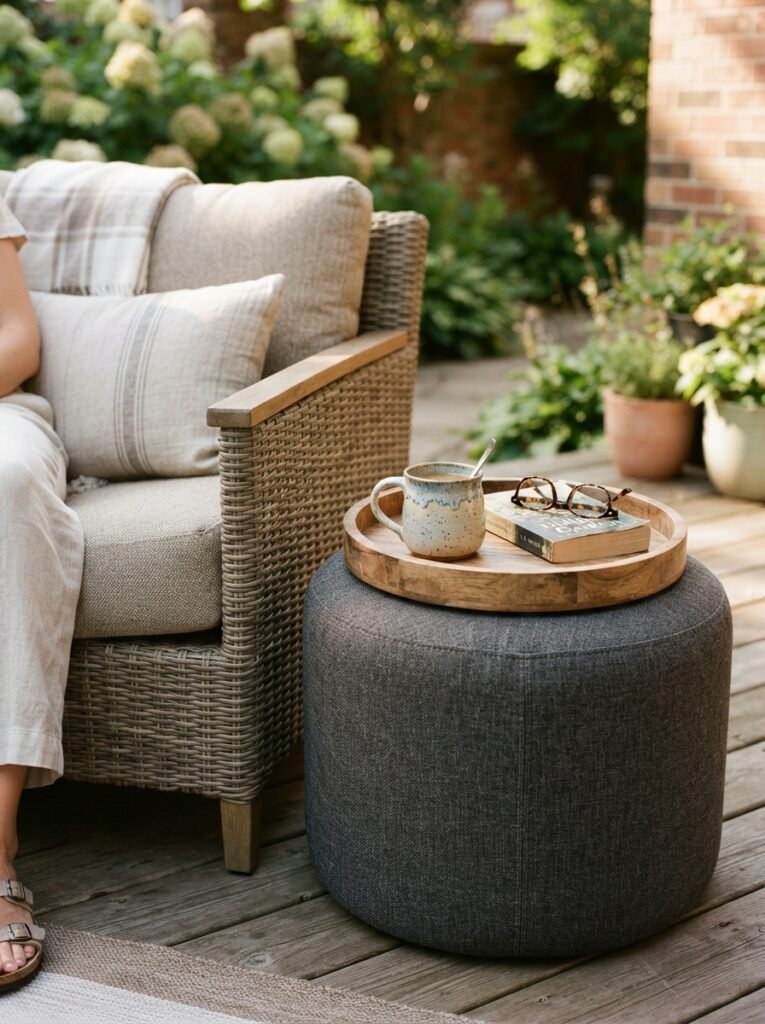 Small patio furniture idea for apartments with storage ottoman