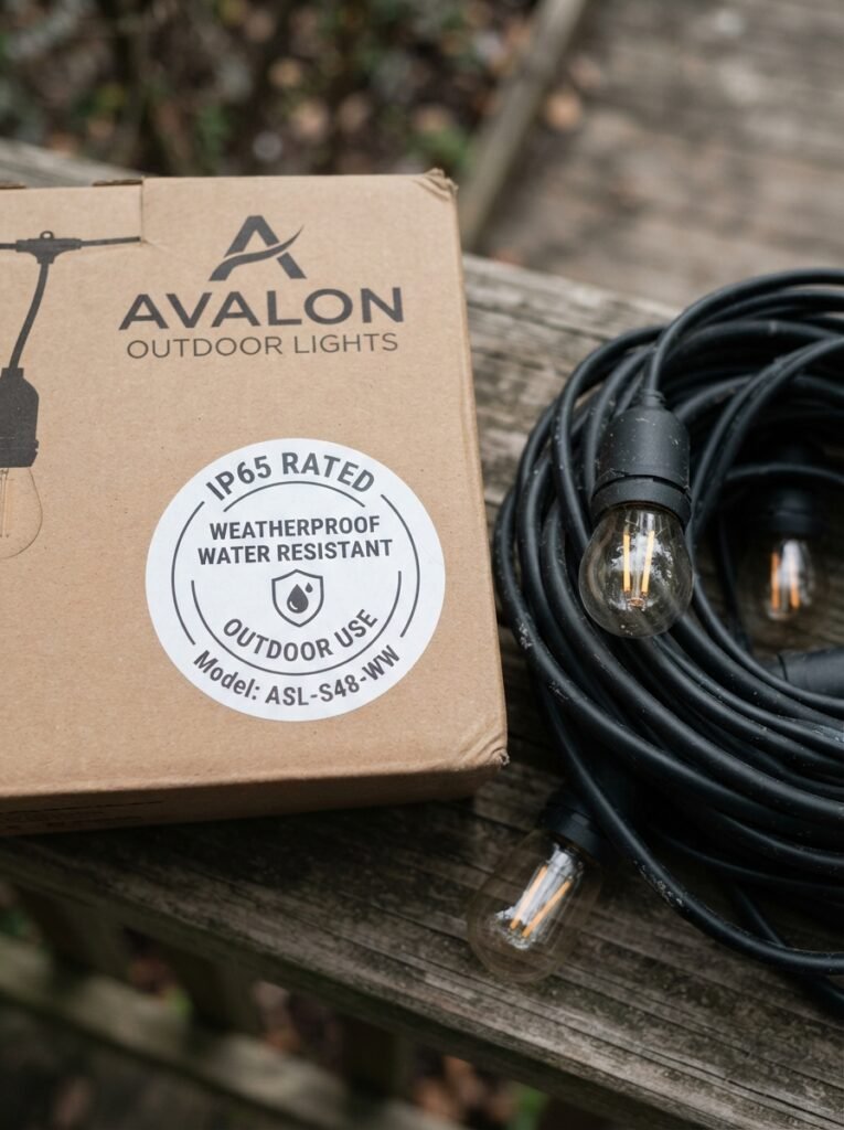 Close-up of outdoor-rated IP65 string light label for patio lighting safety