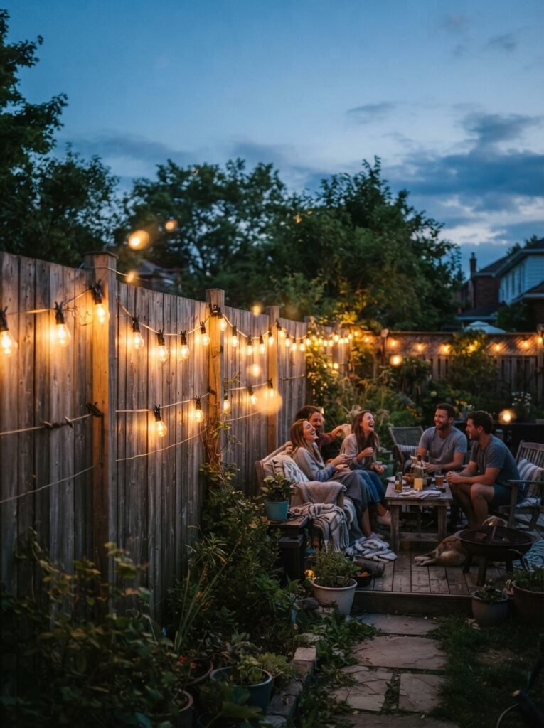  Patio string light idea along a perimeter fence line