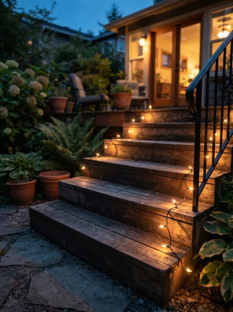 Patio string light idea with stair-step edge lighting