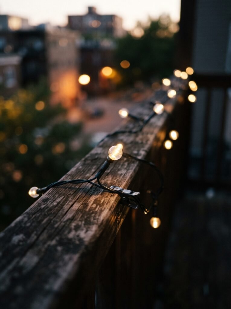 Patio string light idea with battery-powered strand for renters