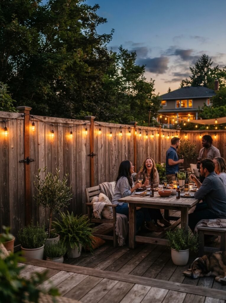 Budget patio makeover step with warm string lights