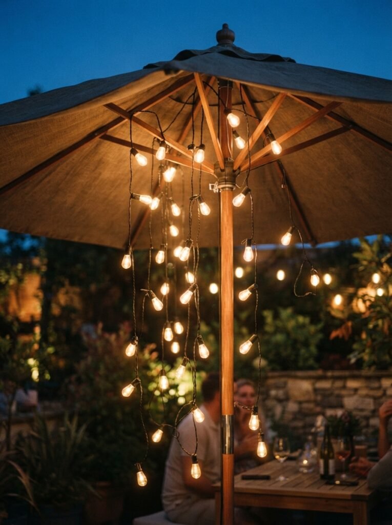 Patio string light idea with umbrella cascade drape