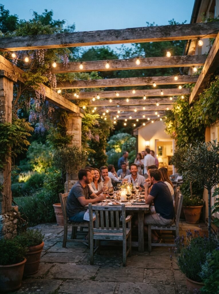Patio string light idea with parallel runs along pergola beams