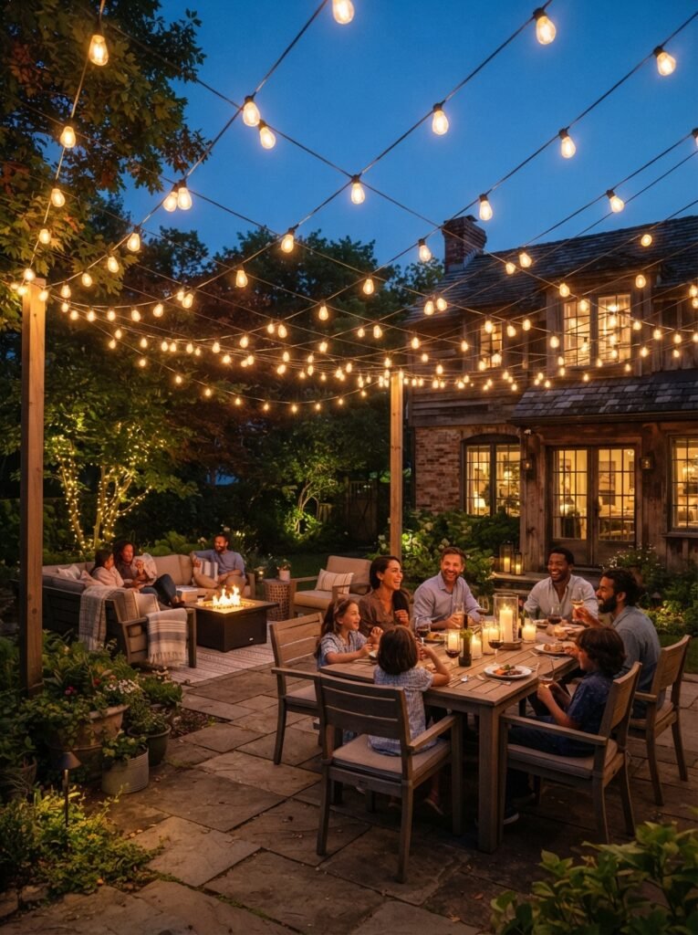 Patio string light idea with crisscross overhead grid pattern