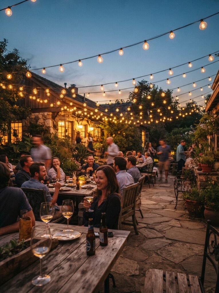 Patio string light idea with retro globe bulbs