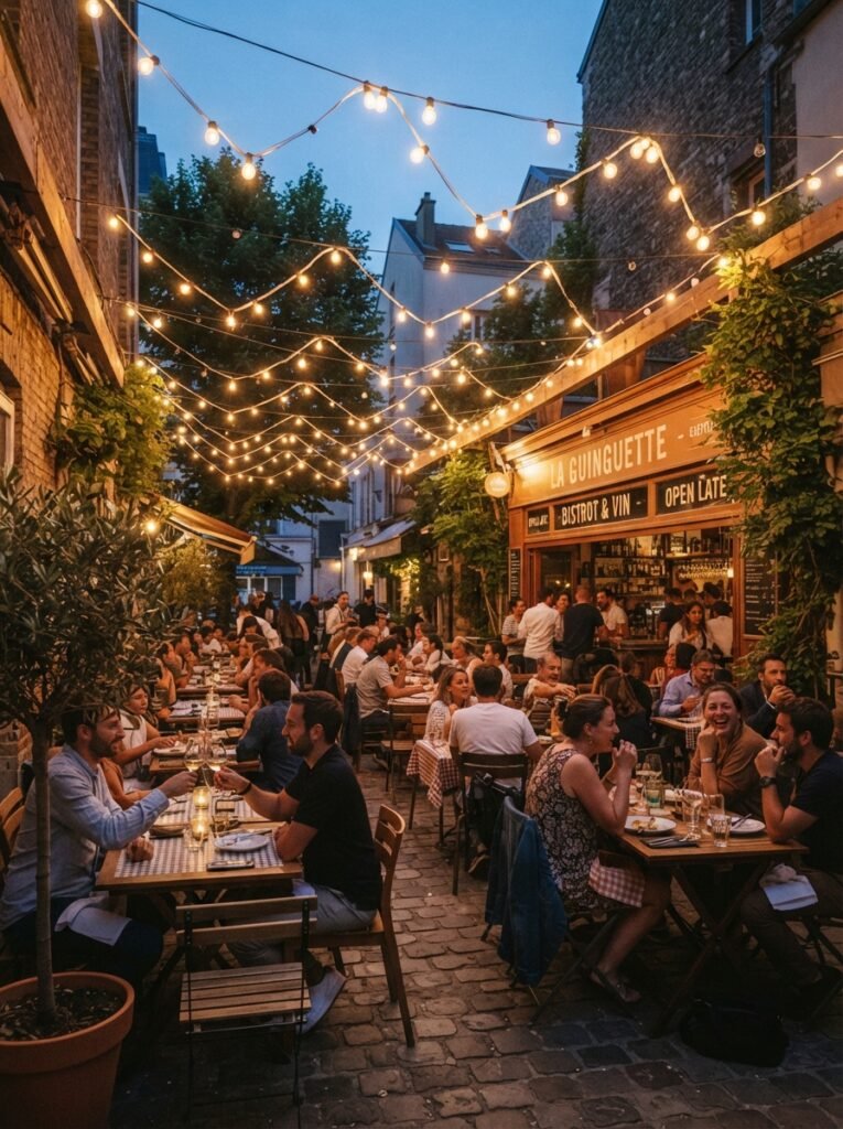 Patio string light idea with café-style zigzag pattern