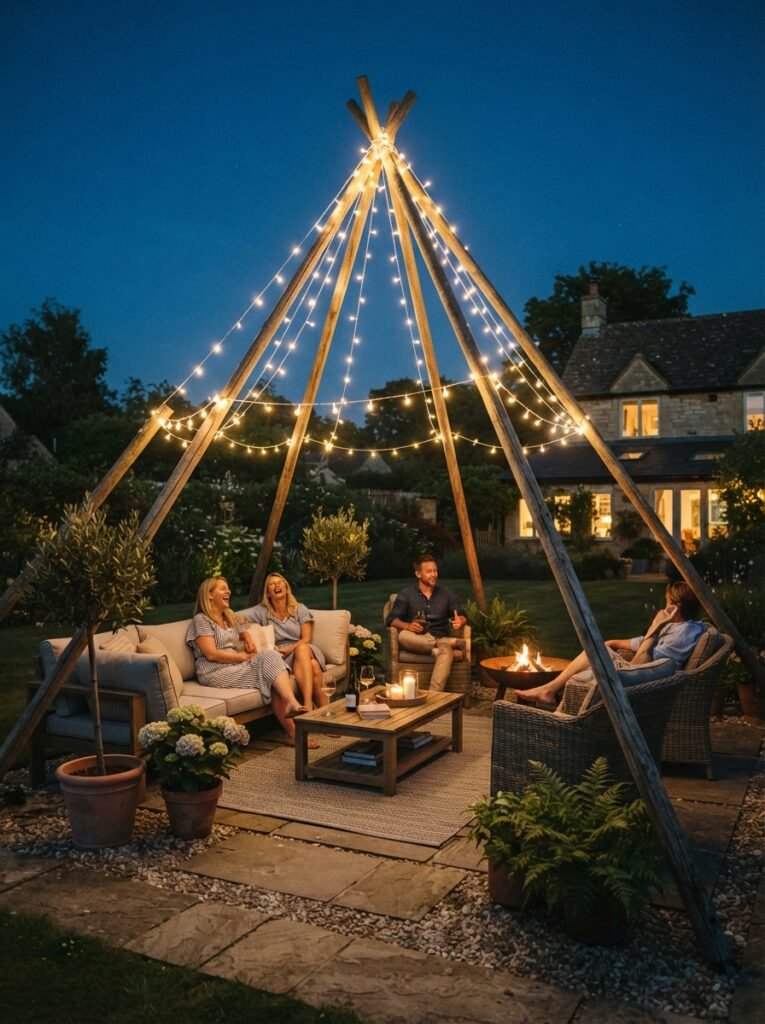  Patio string light idea with teepee pole pattern