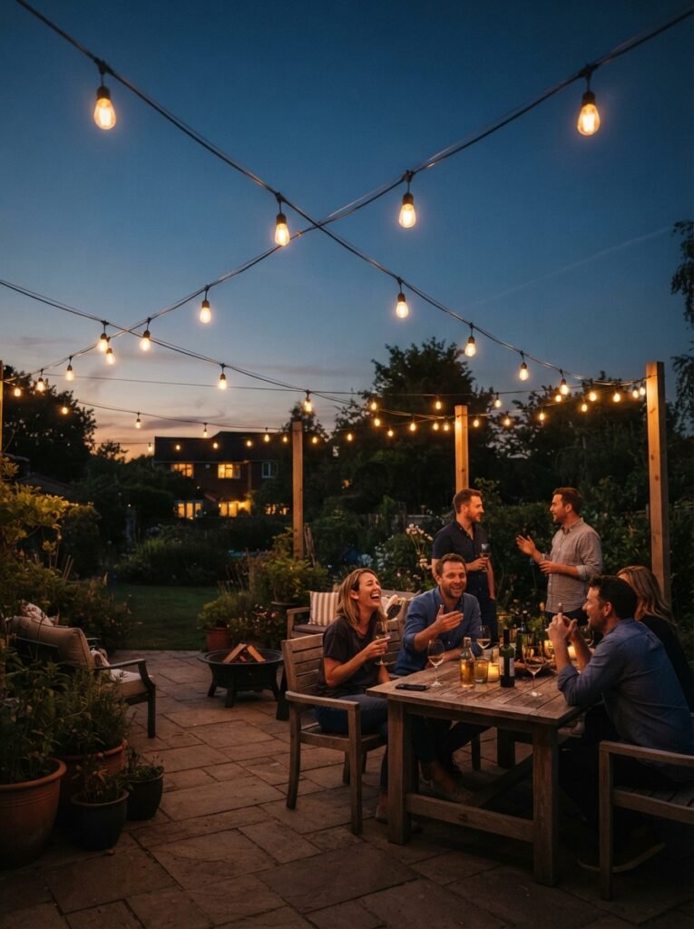 Patio string light idea with guide-wire suspension over an open patio
