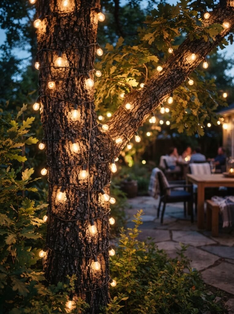 Patio string light idea wrapped around a tree trunk