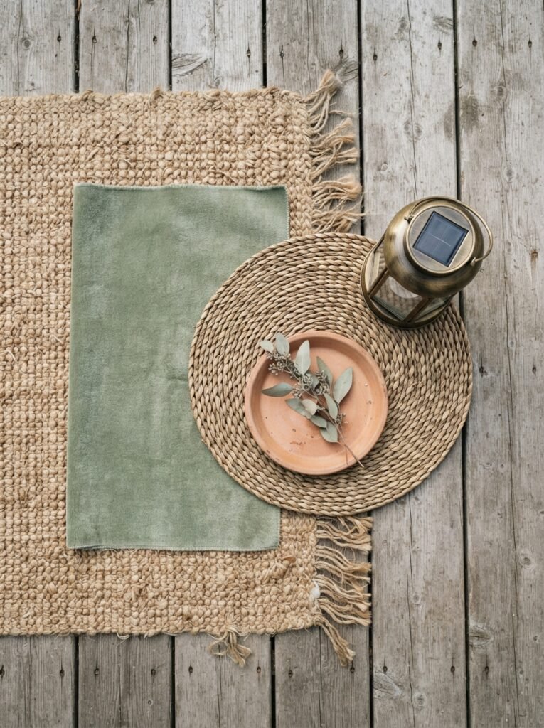 Flat lay arrangement of outdoor patio textiles, jute rug, solar lanterns, and terracotta.