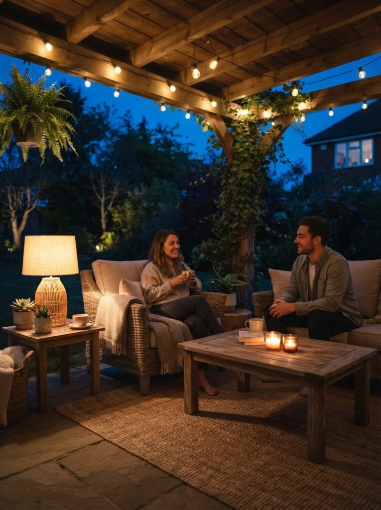 Three layer lighting idea for cozy backyard covered patio