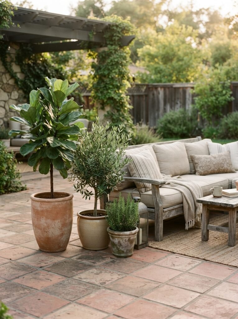 Budget patio makeover step with potted plants