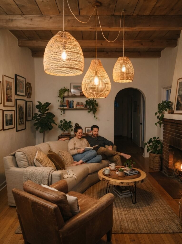 Modern boho decor idea with rattan pendant light cluster