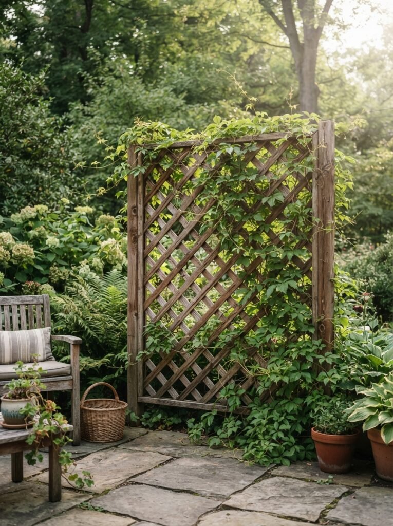 DIY patio privacy screen idea with lattice panel and climbing vine