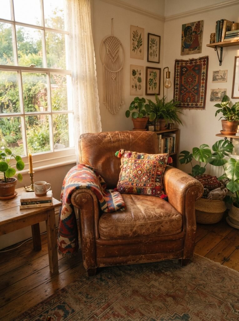 Vintage boho decor idea with leather armchair and global textiles