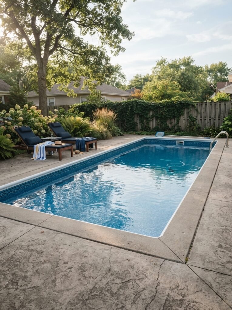 Affordable backyard pool idea with rectangular vinyl liner pool
