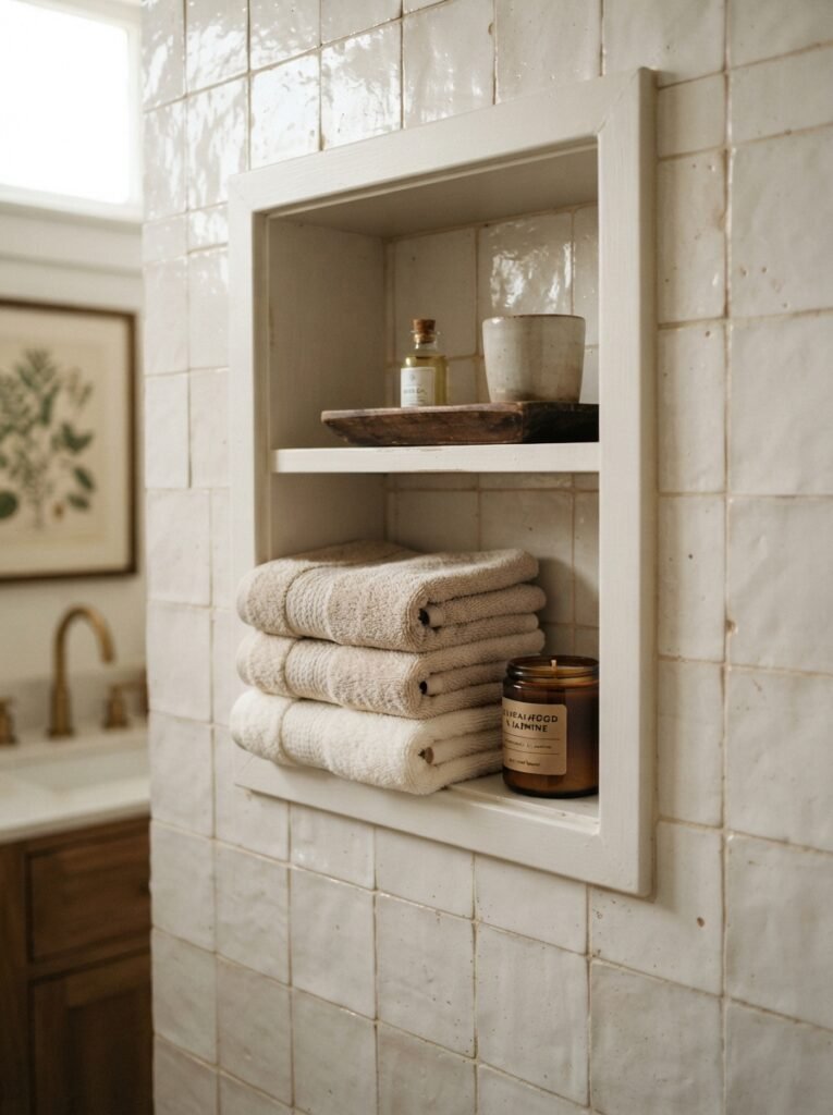 Modern small bathroom storage idea with recessed wall niche shelving
