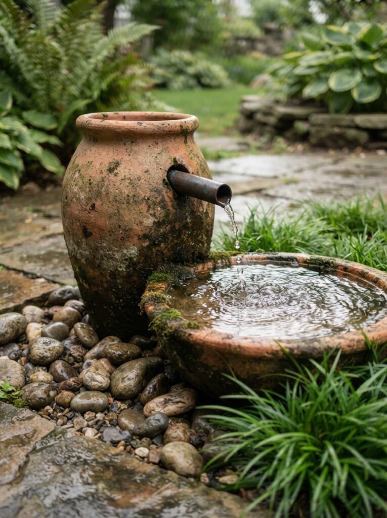 Self-contained DIY terracotta urn water fountain with river stones on a patio.