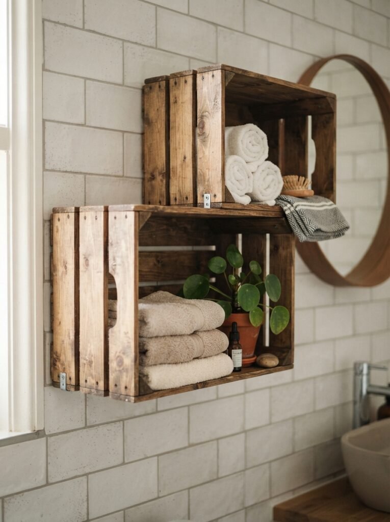  DIY small bathroom storage idea with wooden crate shelf stack