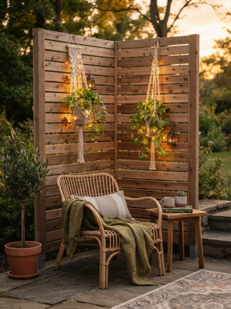 Modern DIY horizontal wood slat privacy screen with hanging plants on a backyard patio.